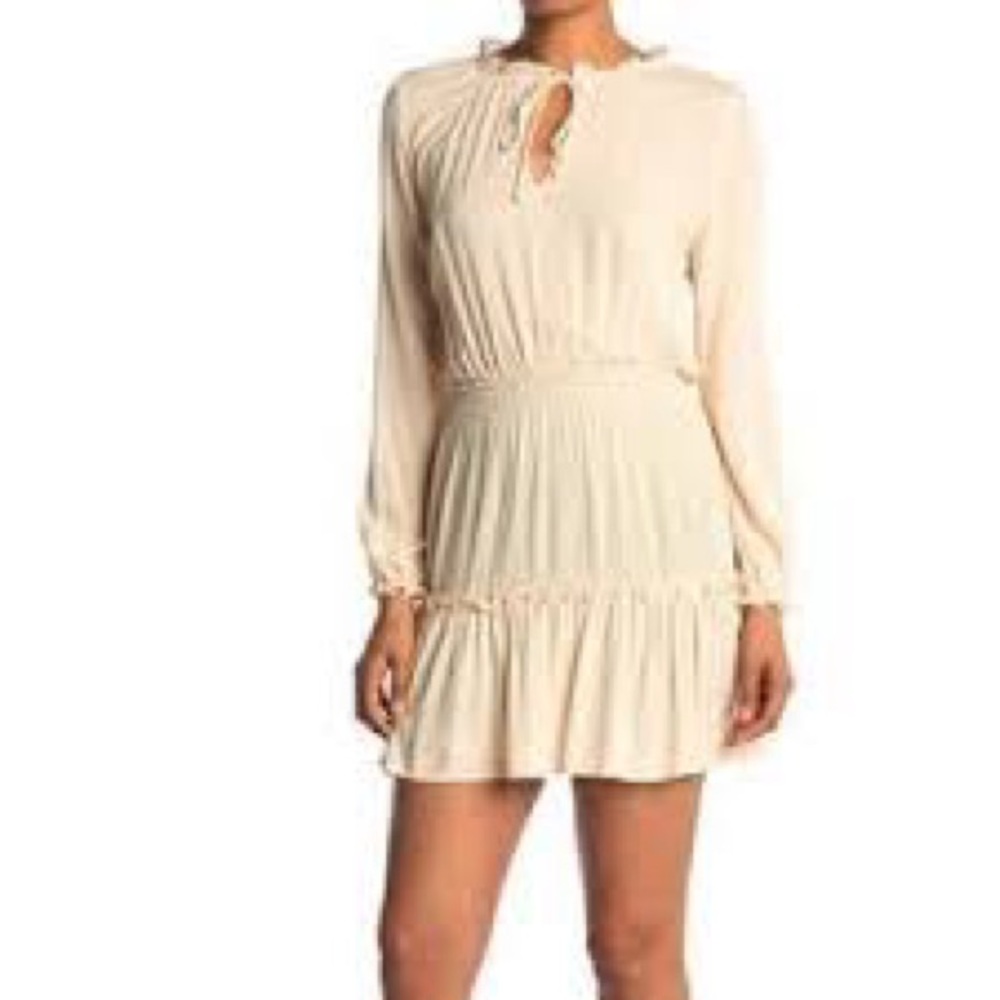 Kenidek Cream Long Sleeve Smocked Waist Tiered Ruffle Mini Dress Size Large